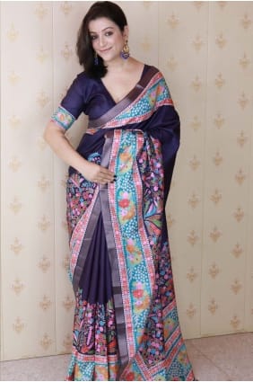 sari bleu en soie tussar avec tissage SR28501