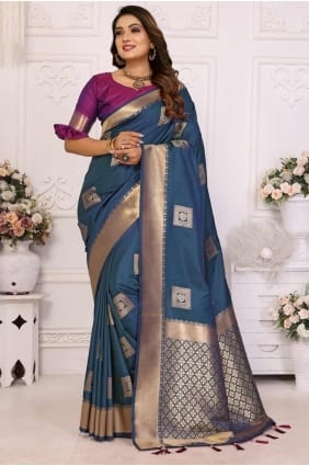 blue sari with weaving soft net SR28259