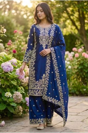 Salwar Kameez à sequins pour l'Aïd en soie bleue SK155991