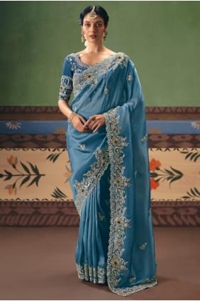 Sari en soie artificielle bleue avec sequins, pierres et perles SR29698