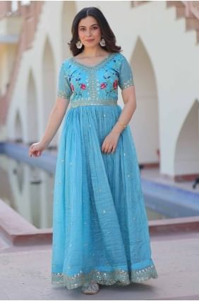 costume anarkali brodé en soie bleue avec dupatta GW11346