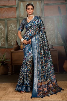 Sari en soie imprimée bleue avec chemisier assorti SR30024