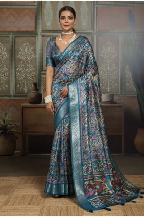 Sari en soie imprimée bleue avec chemisier assorti SR30027