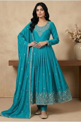 Salwar Kameez bleu en fil de soie avec dupatta AS4256