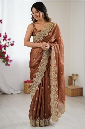 Sari brodé en mousseline marron SR29430