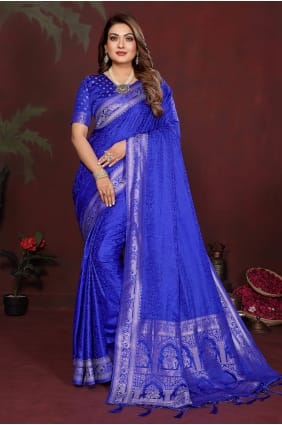 Sari bleu satiné orné de broderies zari SR29922