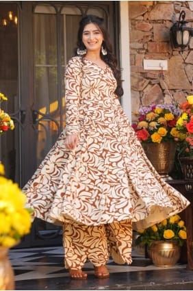 Ensemble Anarkali en coton imprimé marron avec dupatta AS4298
