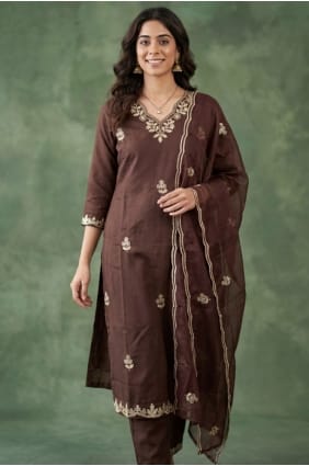 Salwar Kameez marron en mélange de coton brodé avec dupatta SK155950