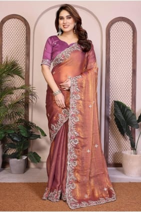 Sari en mousseline brodée marron pour femme SR29846