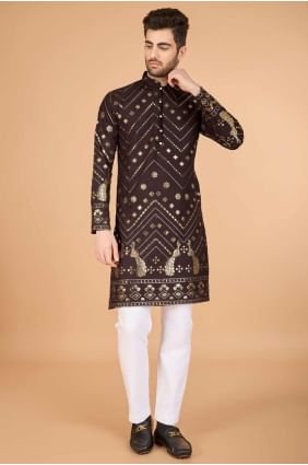 kurta marron pour homme avec viscose brodée KURR529