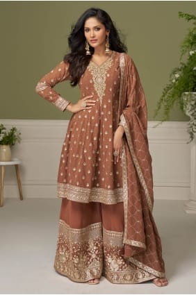 Ensemble palazzo brodé en georgette marron PZ4455