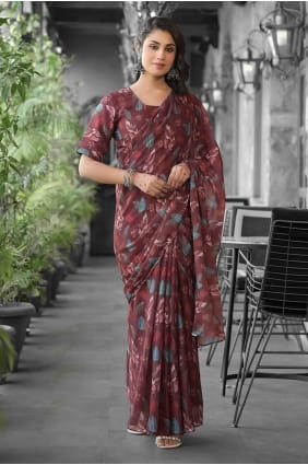 Robe longue en georgette marron imprimée GW1274