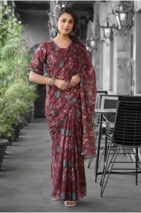 sari marron imprimé en georgette SR28330