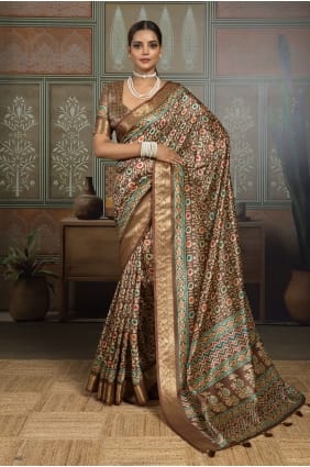 Sari en soie marron imprimé SR30029