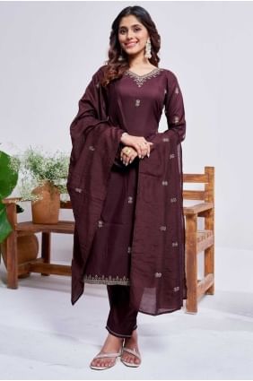 Salwar Kameez brodé en rayonne marron SK155762