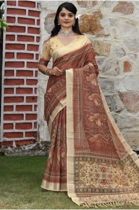 Sari imprimé en coton marron SR29078