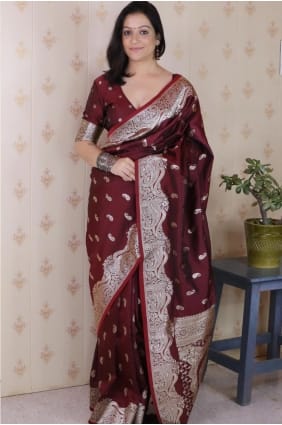 Sari en soie Banarasi marron tissé SR28964