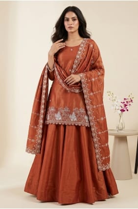Ensemble Lehenga à sequins en soie marron LS098