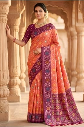 Sari en soie Patola rose carotte avec broderies SR30117
