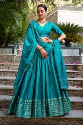Tissage d'un Lehenga Choli en Chanderi turquoise LC8894