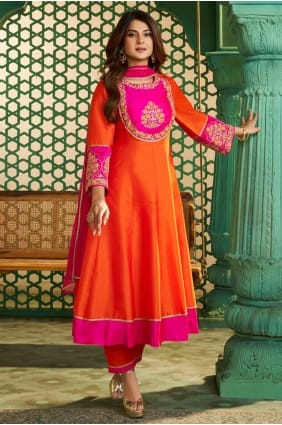 Ensemble Anarkali moutarde en georgette synthétique avec broderies AS4337