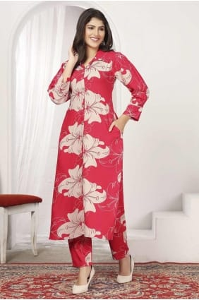 Costume pantalon droit rouge à impression numérique Chanderi avec dupatta SK155193