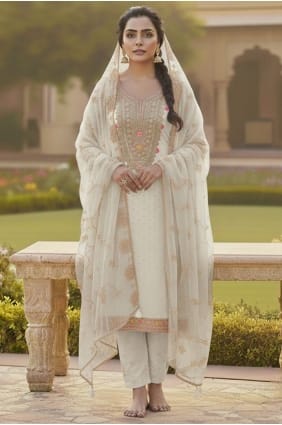 Ensemble salwar kameez Chanderi brodé blanc cassé SK15691