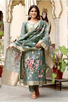 Ensemble salwar kameez Chanderi avec tissage gris SK155881