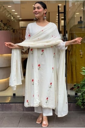 Ensemble Anarkali blanc brodé en soie Chanderi pour l'Aïd, avec dupatta AS4167