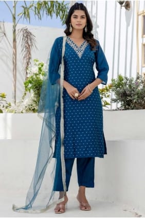 Salwar Kameez brodé en soie Chanderi bleu sarcelle SK155709
