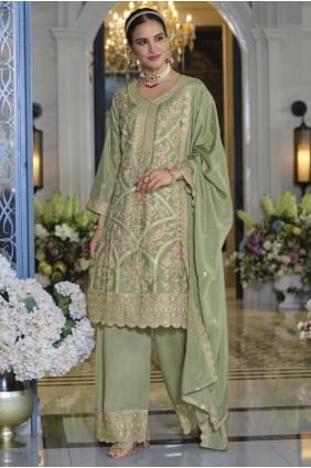 Costume Palazzo Pista en mousseline brodée avec Dupatta PZ4220