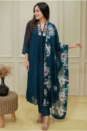 Salwar Kameez brodé en mousseline bleu sarcelle SK155777