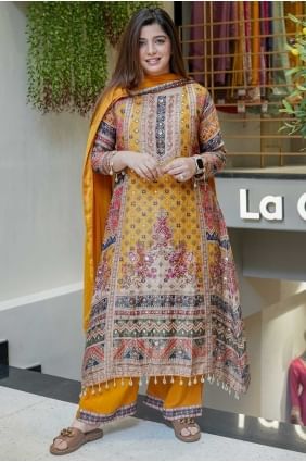 Salwar Kameez en mousseline tissée jaune SK155742