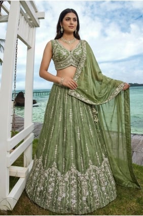Lehenga Choli en mousseline Mahendi brodée LC9210