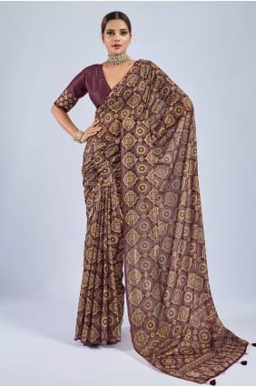 Sari en mousseline bordeaux à imprimé SR29980