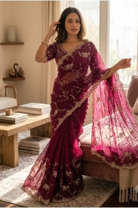Sari de soirée en mousseline brodée couleur bordeaux avec chemisier assorti SR30058