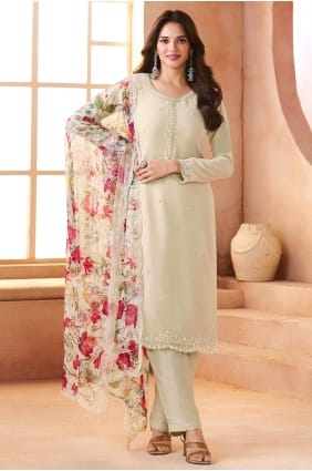 Salwar Kameez en mousseline imprimée blanche SK15859