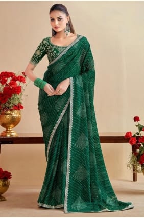 Sari en mousseline verte brodée SR29351