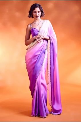 Sari en mousseline de soie lavande à paillettes SR28507