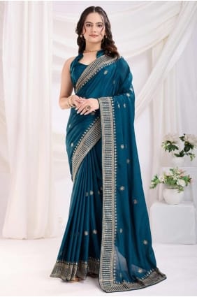 sari en mousseline de soie bleu sarcelle avec broderie SR28195