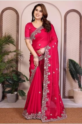 Sari en mousseline brodée rouge Rani SR29851