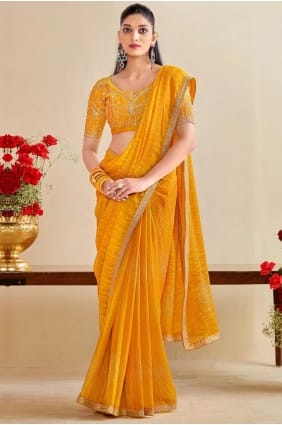 Sari jaune en mousseline brodée SR29359