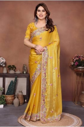 Sari en dentelle et mousseline jaune SR29736