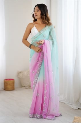 Sari en mousseline vert d'eau orné de sequins SR29830