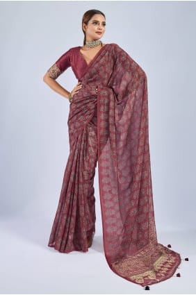 Sari bordeaux en mousseline à sequins avec chemisier assorti SR29983