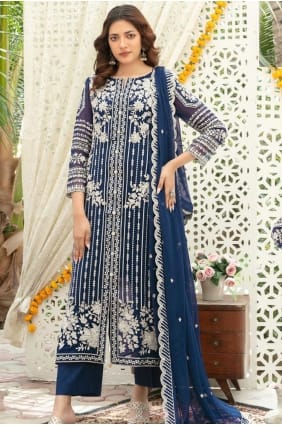 Salwar Kameez bleu marine avec mousseline brodée SK159129