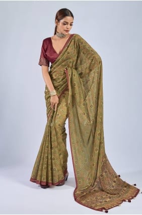 Sari imprimé moutarde en mousseline SR29979