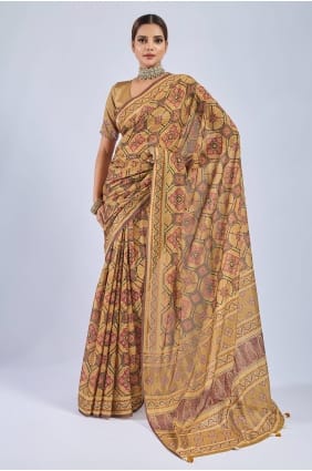 Sari jaune en mousseline imprimée SR29985