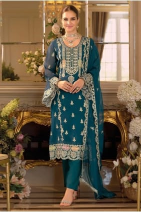 Salwar Kameez Eid en mousseline Chinon turquoise avec sequins SK155956