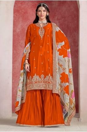 Costume Sharara en mousseline orange avec broderie SS1262